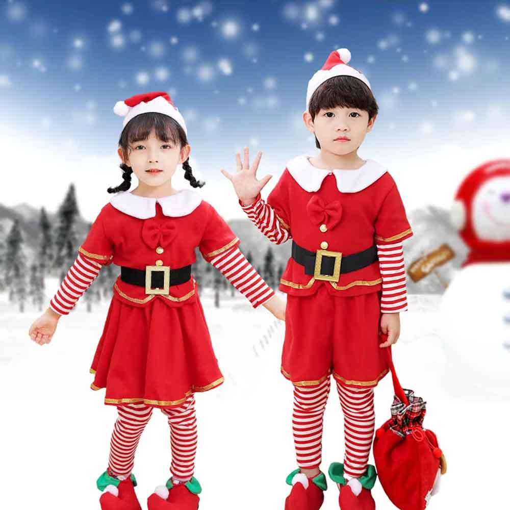 Elf Costume Christmas - ชุดเอลฟ์คริสต์มาสสำหรับเด็ก - ชุดปาร์ตี้วันคริสต์มาสสำหรับเด็ก ชุดนอนคริสต์มาสสีแดงทอง ของขวัญคริสต์มาส